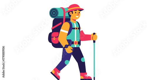 Cartoon Illustrated Hiker Trekking Through Mountains Wearing Backpacking Gear And Supplies