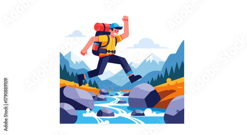 Cartoon Adventurer Leaping Over Rocky River Amidst Mountainous Landscape Journey