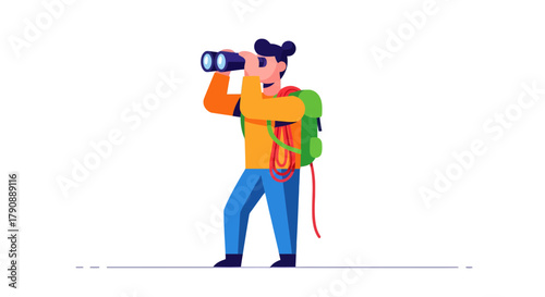 Cartoon Adventurer Observing Through Binoculars Before Beginning a Journey Of Adventure