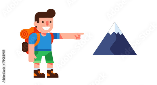 Cartoon Adventurer Pointing Towards Snow-Capped Mountain on Solid Black Background