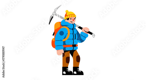 Cartoon Adventurer Preparation For Mountain Climbing and Expedition with Gear on Black Background