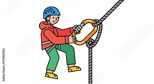 Cartoon Illustration Depicting A Climber Ascending Using Ropes And Protective Gear
