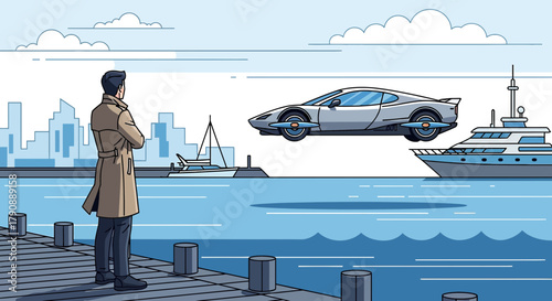 Futuristic waterfront scene with flying car, yacht, and man contemplating the future
