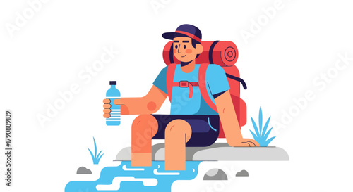Cartoon Adventurer Resting By A Stream With Hydration Bottle Ready To Continue Journey