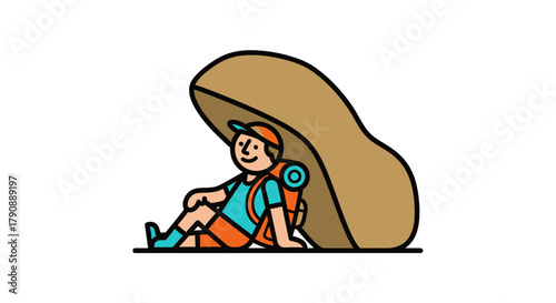 Cartoon Adventurer Resting Under a Rock Formation for Shelter and Peacefulness