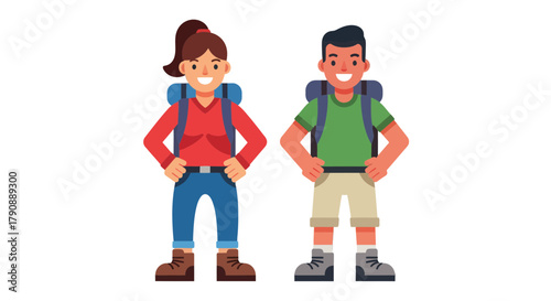 Cartoon Adventurers in Nature, Concept of Hiking and Outdoor Recreation Activities