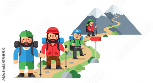 Cartoon Adventurers Hiking Towards Mountain Peak With Green Path and Signpost On Black