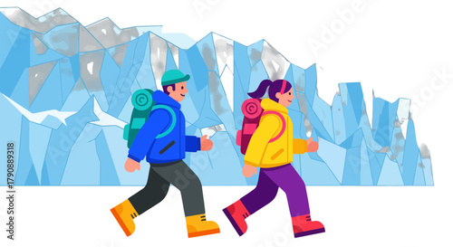 Cartoon Adventurers Hiking In Mountains With Blue And Black Background