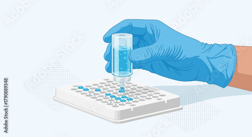 Illustration depicting a laboratory experiment with blue liquid and gloved hand manipulating a