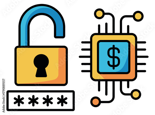 An unlocked padlock and a microchip with a dollar sign symbolize financial security and technology.