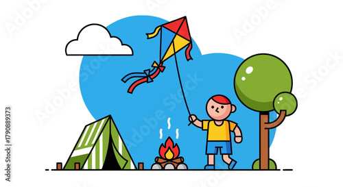 Cartoon Illustration Of Boy Enjoying Fun Camping Activities With Kite And Bonfire