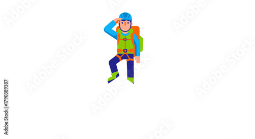 Cartoon Alpinist Saluting, Represents Mountaineering Adventure With An Orange Backpack