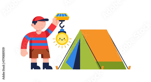 Cartoon Camping Adventure Illustrating Sustainable Travel and Renewable Energy Source