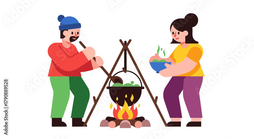 Cartoon Camping Duo Cooking Over a Campfire in the Wilderness Under the Stars