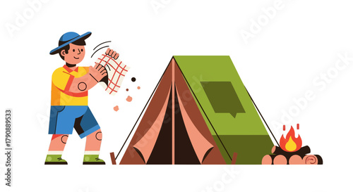 Cartoon Illustration Of Person Camping Outdoors, Setting Up Tent, And Making A Fire