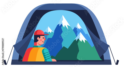 Cartoon Camping Adventure Illustrating The Majestic Mountain Wilderness Experience