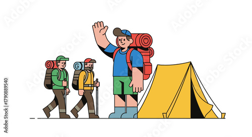 Cartoon Illustration Of Hikers With Backpacks, Camping Near The Bright Yellow Tent