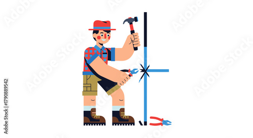 Cartoon Carpenter Constructing A Structure With Tools Depicted On A Black Backdrop