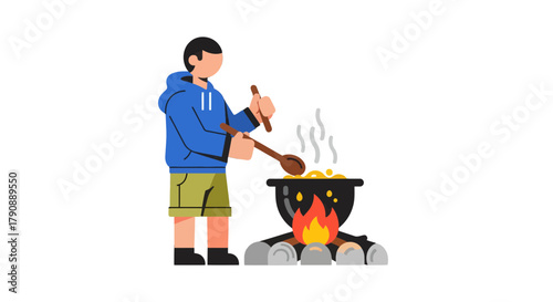 Cartoon Illustration Of Person Cooking Food Outdoors On A Roaring Campfire