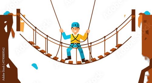 Cartoon Illustration Of Person Trekking Across Suspension Bridge With Helmets