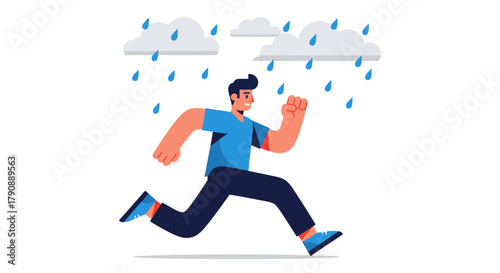 Cartoon Illustration Of Person Running Under Rain Against A Solid Black Background