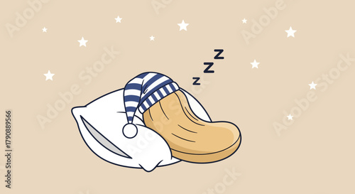 Cartoon Cashew Relaxing On Pillow Under Stars, Ready For Dreamtime And Peaceful Rest