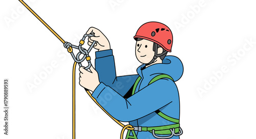 Cartoon Illustration Of Rock Climber Preparing Equipment For Safety And Ascend