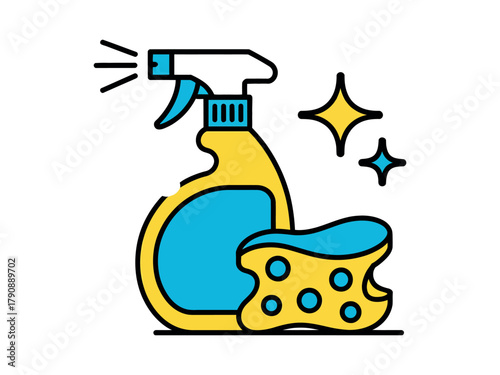 A yellow spray bottle and a sponge are used for cleaning.