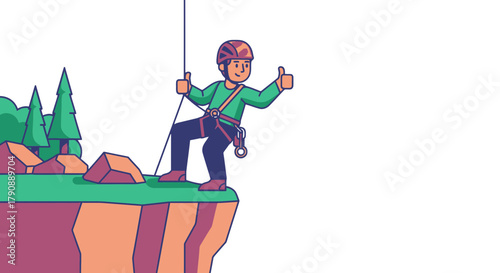 Cartoon Climber Ascending a Cliff Face, Displaying Positive Gestures of Approval