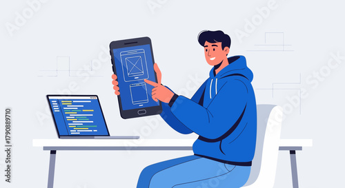 Illustration depicting a young developer working on mobile and web application interface design