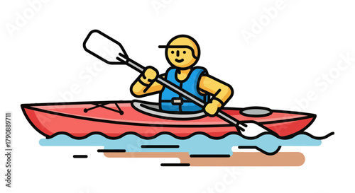 Cartoon Kayaker Enjoying Paddle Outing on Red Kayak in Blue Water Black Background