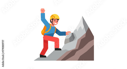 Cartoon Climber Ascending a Mountain Demonstrating Triumph Over Challenging Obstacles