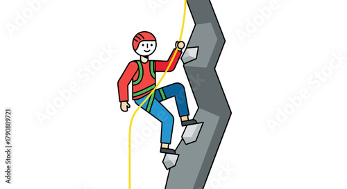 Cartoon Climber Ascending a Rock Face with Safety Equipment Against a Black Backdrop