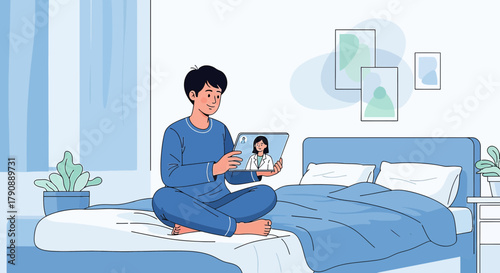 Illustration depicting a young man having a telehealth consultation at home during the day