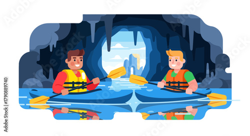 Cartoon Kayakers Explore Cave Interior With Boats And Paddles In An Expedition