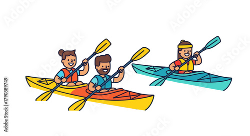 Cartoon Kayaking Adventure Featuring Three Cheerful Individuals on a Black Background