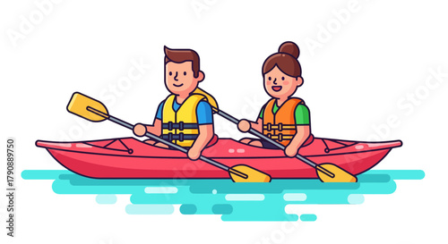 Cartoon Kayaking Duo: Recreational Fun on Calm Waters with Life Jackets and Paddles