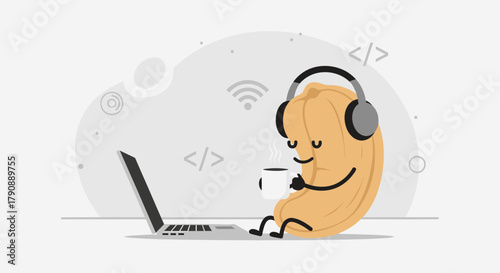 Cartoon Kernel Content Creator Enjoying Coffee While Listening Soundtrack on Headphones