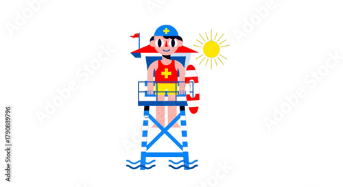 Cartoon Lifeguard Vigilantly Observes The Sunny Beach Ensuring Safety For All Happy People