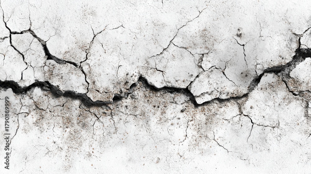 Obraz premium Cracks spread across a concrete surface revealing weathering and deterioration. The texture displays signs of age with dark patches indicating possible mold or dirt buildup.