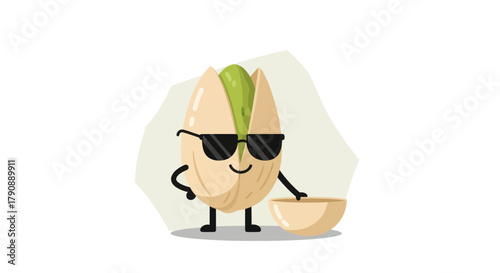 Cartoon Cool Pistachio Character with Sunglasses and Smiling Face and Bowl of Nuts