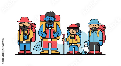 Cartoon Mountain Explorers Hiking Together for Adventure Against a Black Background