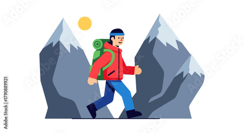 Cartoon Mountain Trekking: A Vector Illustration of an Adventurous Hiker and Scene