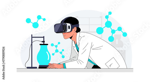 Illustration depicting scientist utilizing virtual reality for scientific research and experiment,