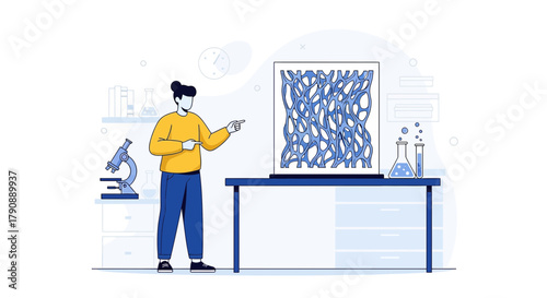 Illustration depicting scientific research with a scientist examining cellular structure in a lab