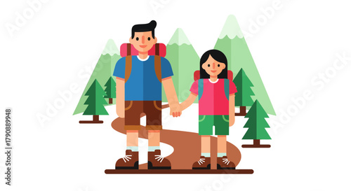 Cartoon Couple Hiking Together Amidst Mountains and Pine Trees in a Scenic Landscape