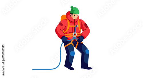 Cartoon Mountaineer In Alpine Gear Preparing For The Ascent Adventure Climbing Scene