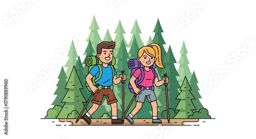 Cartoon Couple Hiking in a Forest, Smiling and Enjoying an Outdoor Adventure
