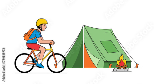 Cartoon Cyclist Arrives At Campsite With Tent And Burning Bonfire At Night