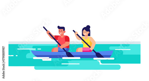 Cartoon Couple Kayaking Together on Calm Water Enjoying Summer Outdoor Activity